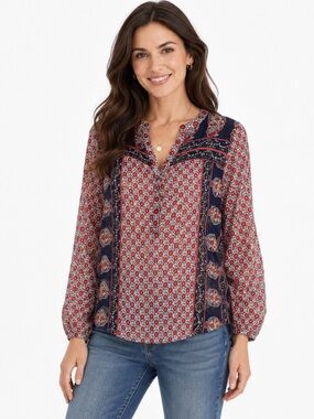 Lucky Brand Blouse M Red Blue Floral Long Sleeve